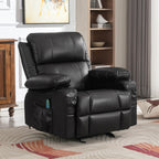 Fauteuil inclinable réglable noir avec massage, fonctions chauffantes, chargement USB, deux porte-gobelets et rangements latéraux