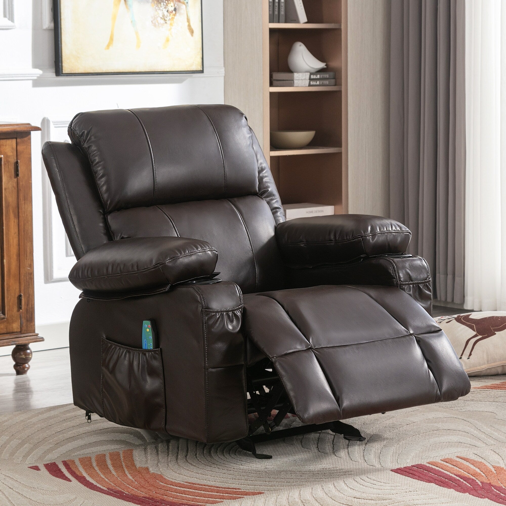 Fauteuil inclinable réglable noir avec massage, fonctions chauffantes, chargement USB, deux porte-gobelets et rangements latéraux