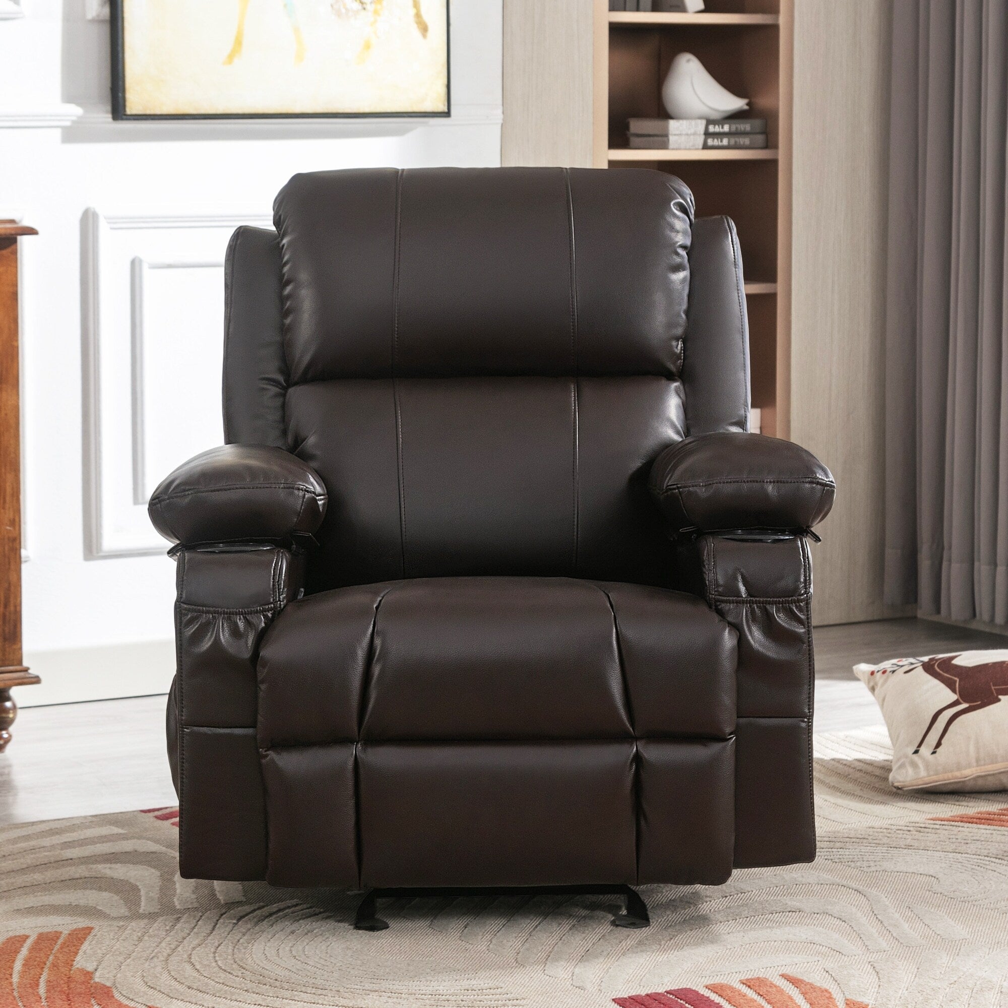 Fauteuil inclinable réglable noir avec massage, fonctions chauffantes, chargement USB, deux porte-gobelets et rangements latéraux