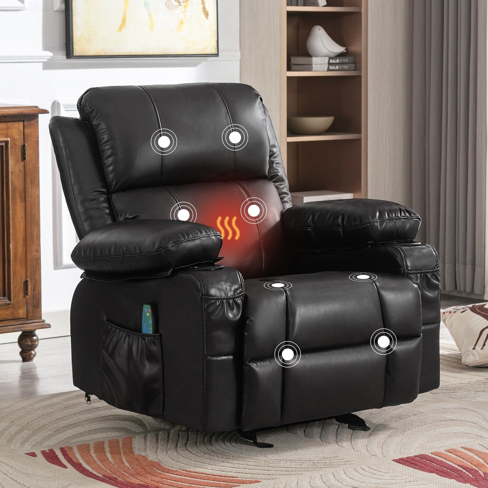 Fauteuil inclinable réglable noir avec massage, fonctions chauffantes, chargement USB, deux porte-gobelets et rangements latéraux