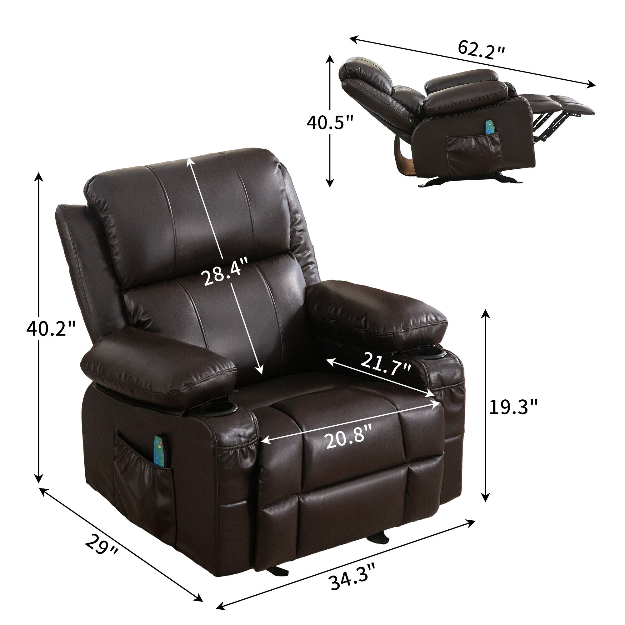 Fauteuil inclinable à bascule réglable noir avec massage et porte-gobelets