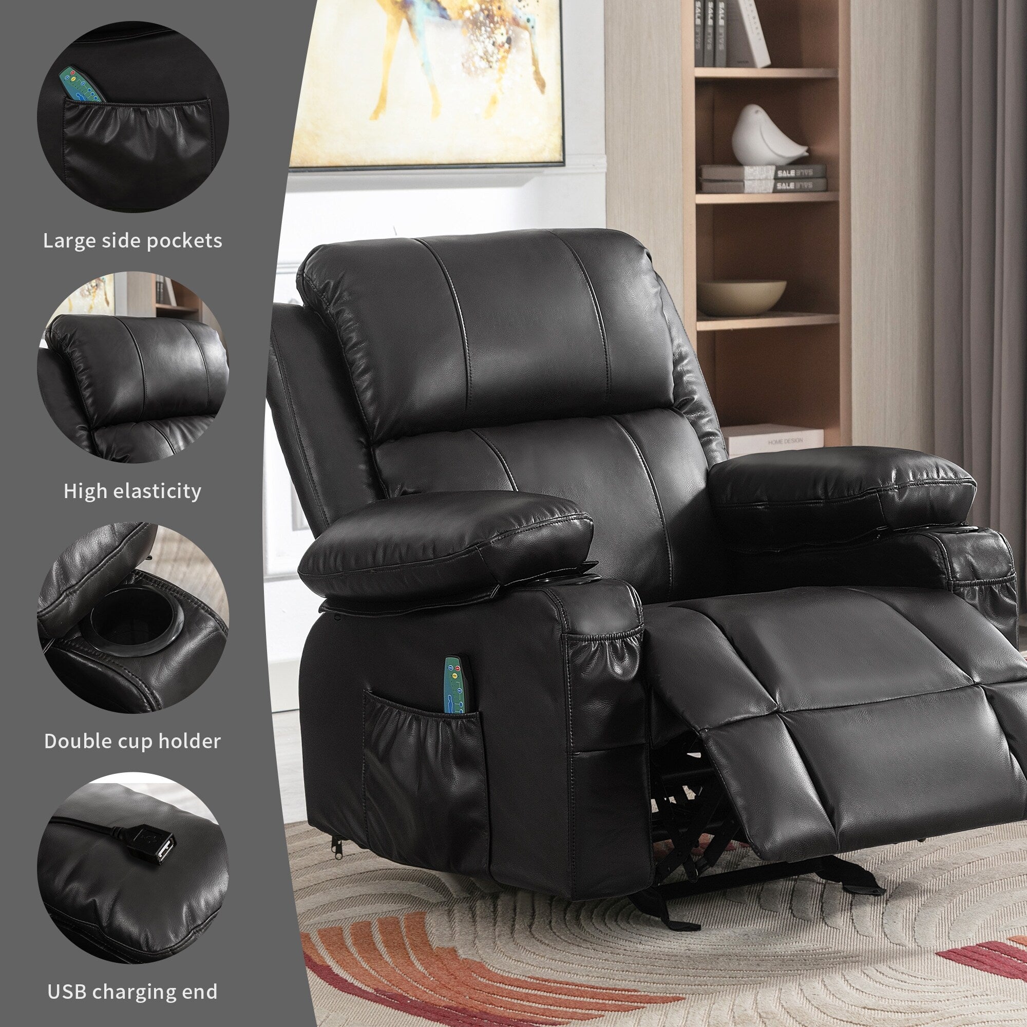 Fauteuil inclinable à bascule réglable noir avec massage et porte-gobelets
