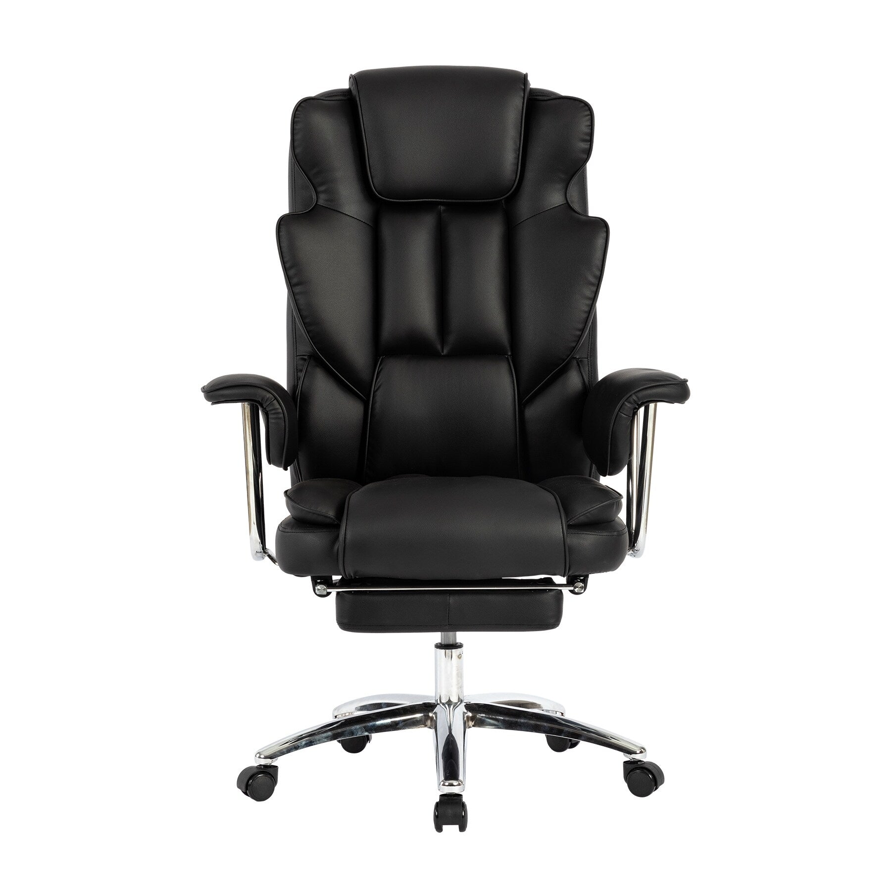 Fauteuil de bureau inclinable ergonomique pivotant à 360° en cuir reconstitué noir avec dossier haut et support lombaire, repose-pieds et hauteur réglable
