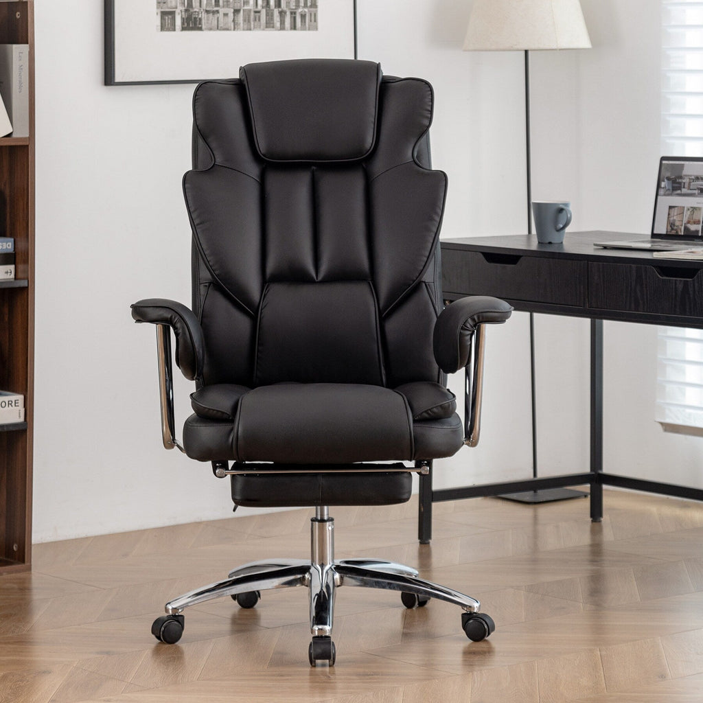 Fauteuil de bureau inclinable ergonomique pivotant à 360° en cuir reconstitué noir avec dossier haut et support lombaire, repose-pieds et hauteur réglable