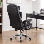 Fauteuil de bureau inclinable ergonomique pivotant à 360° en cuir reconstitué noir avec dossier haut et support lombaire, repose-pieds et hauteur réglable