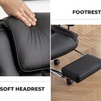 Fauteuil de bureau inclinable ergonomique pivotant à 360° en cuir reconstitué noir avec dossier haut et support lombaire, repose-pieds et hauteur réglable