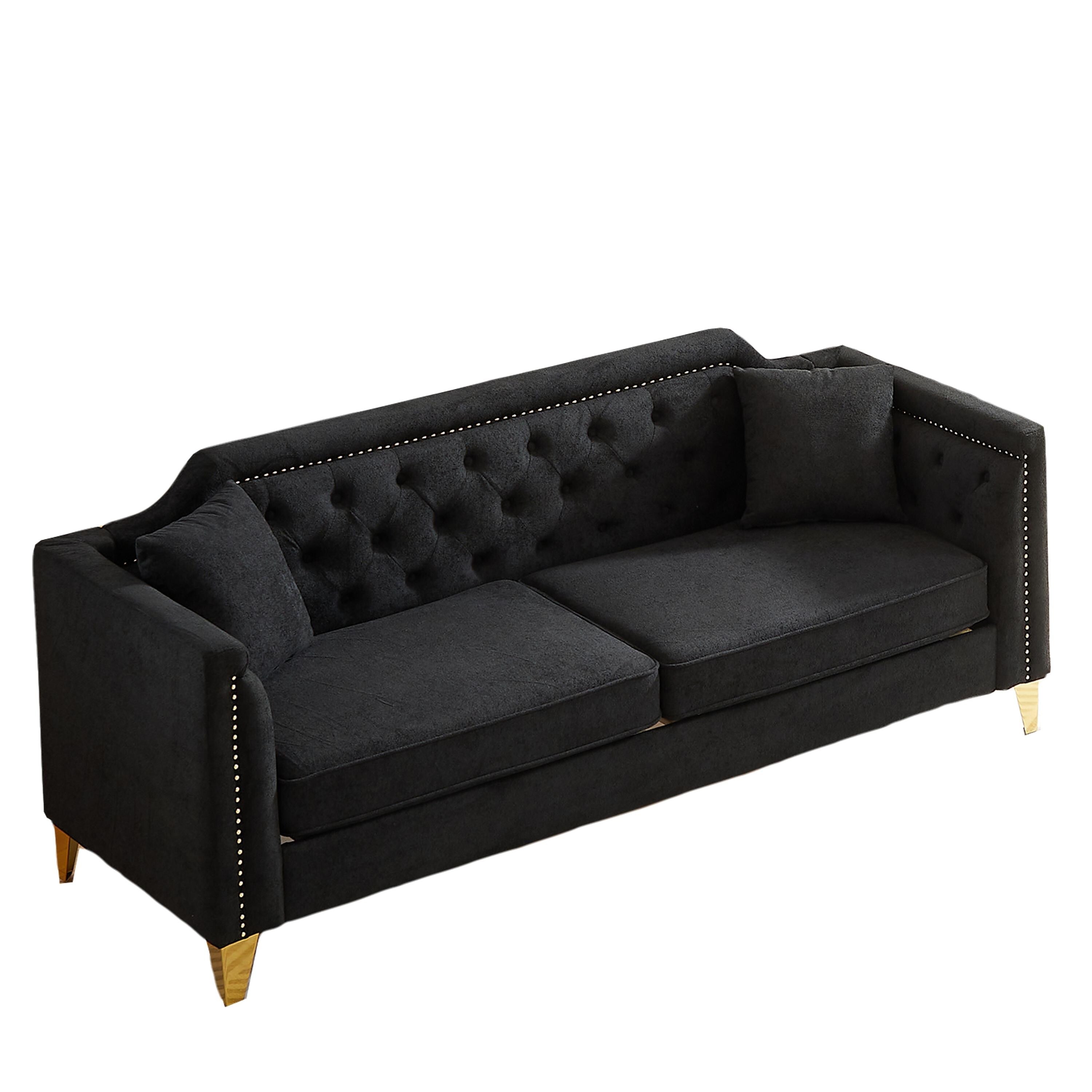 Canapé capitonné 3 places en chenille noire avec décoration cloutée en cuivre