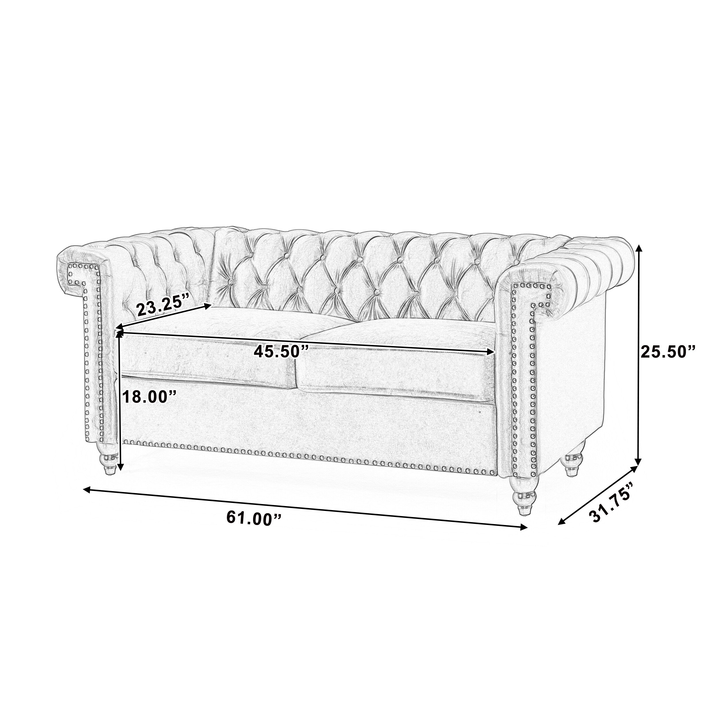 Canapé Chesterfield noir capitonné à 61 boutons avec têtes de clous et pieds en bois pour le salon