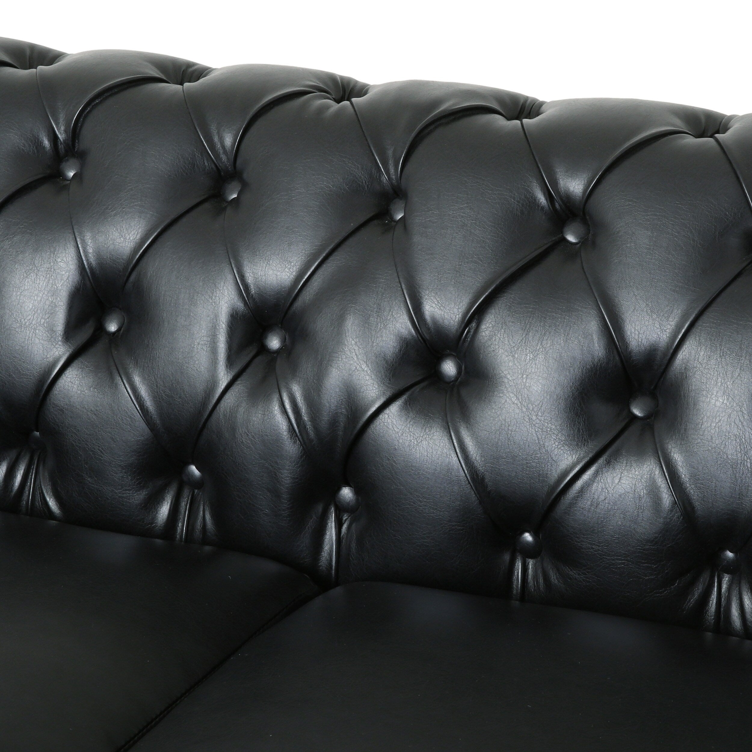 Canapé 3 places Chesterfield noir 78,75 en similicuir avec pieds en bois et clous pour salon