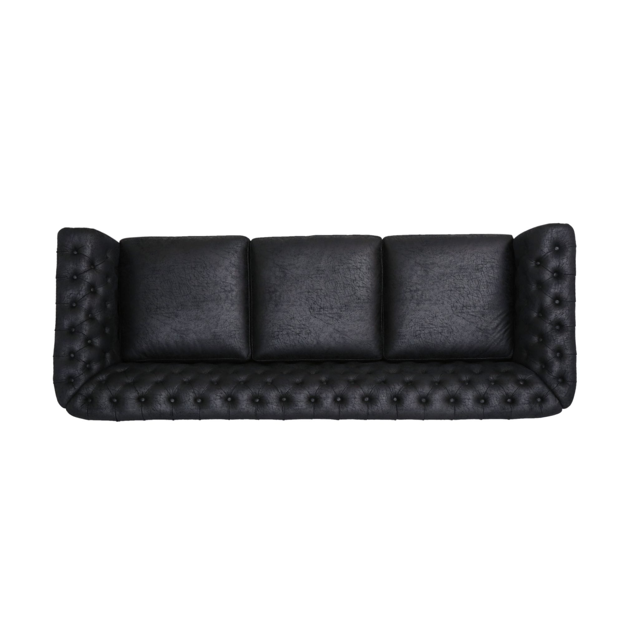 Canapé Chesterfield noir 3 places capitonné avec boutons 84,75, clous et pieds en bois pour le salon