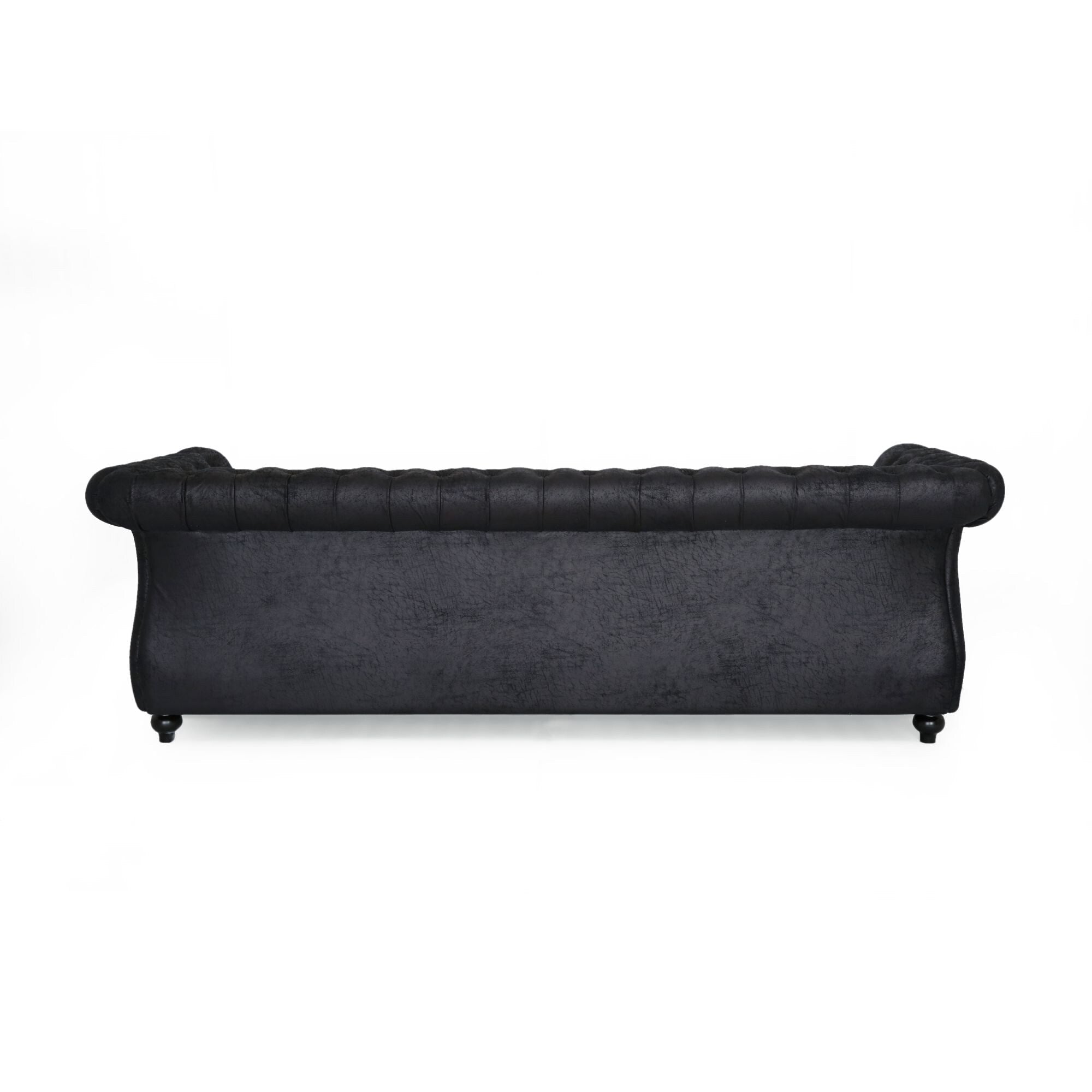 Canapé Chesterfield noir 3 places capitonné avec boutons 84,75, clous et pieds en bois pour le salon