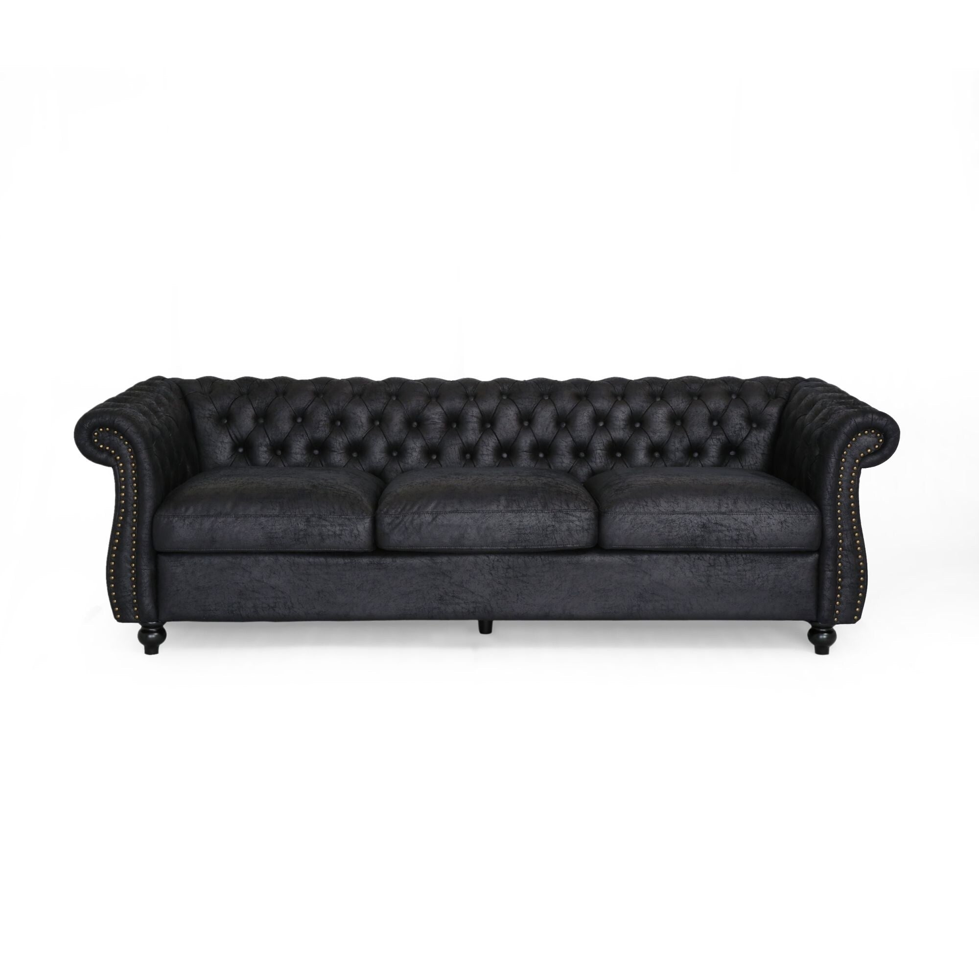 Canapé Chesterfield noir 3 places capitonné avec boutons 84,75, clous et pieds en bois pour le salon