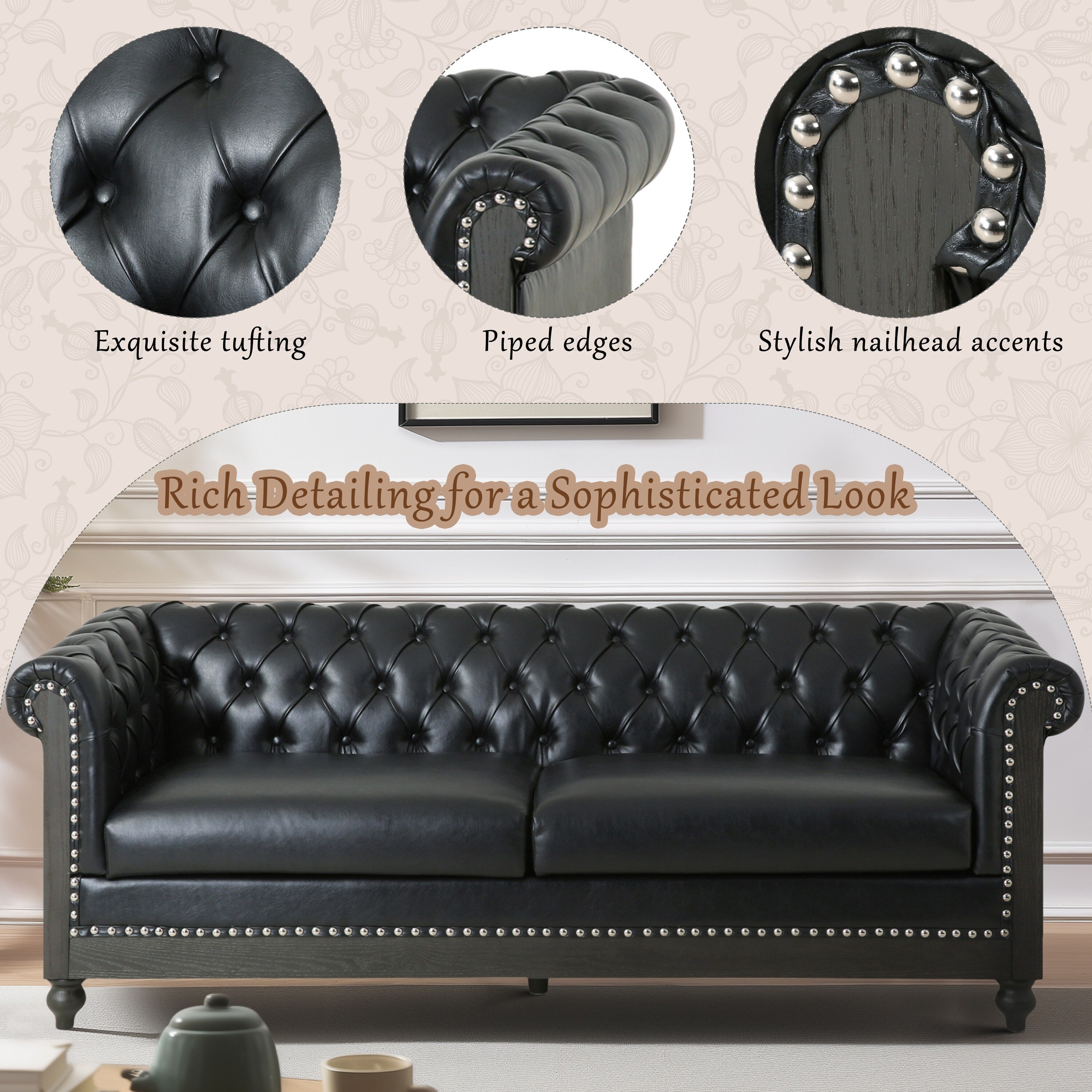 Canapé 3 places Chesterfield en similicuir noir avec clous