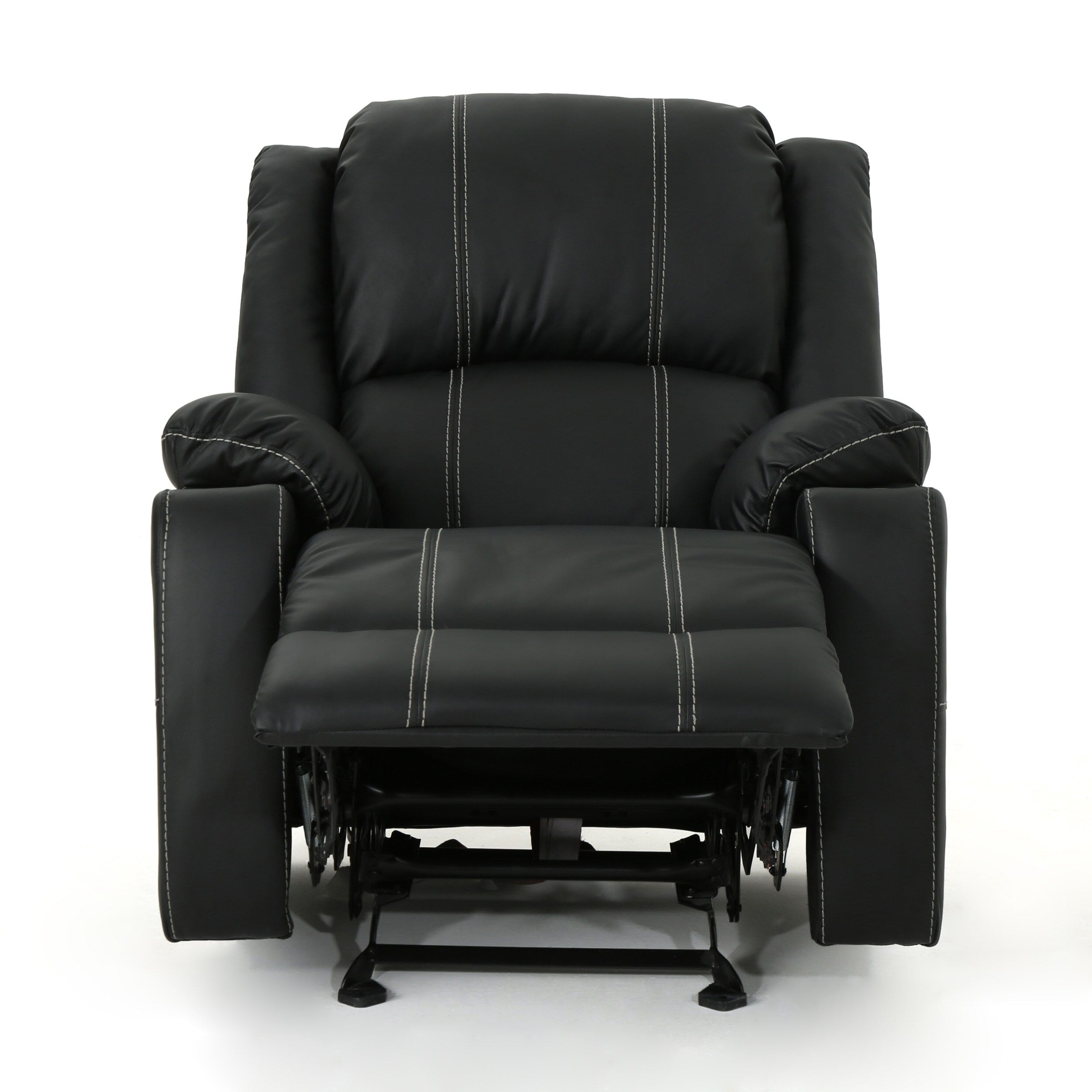 Fauteuil inclinable manuel contemporain noir avec porte-gobelets en acier, revêtement en similicuir moelleux, inclinaison réglable