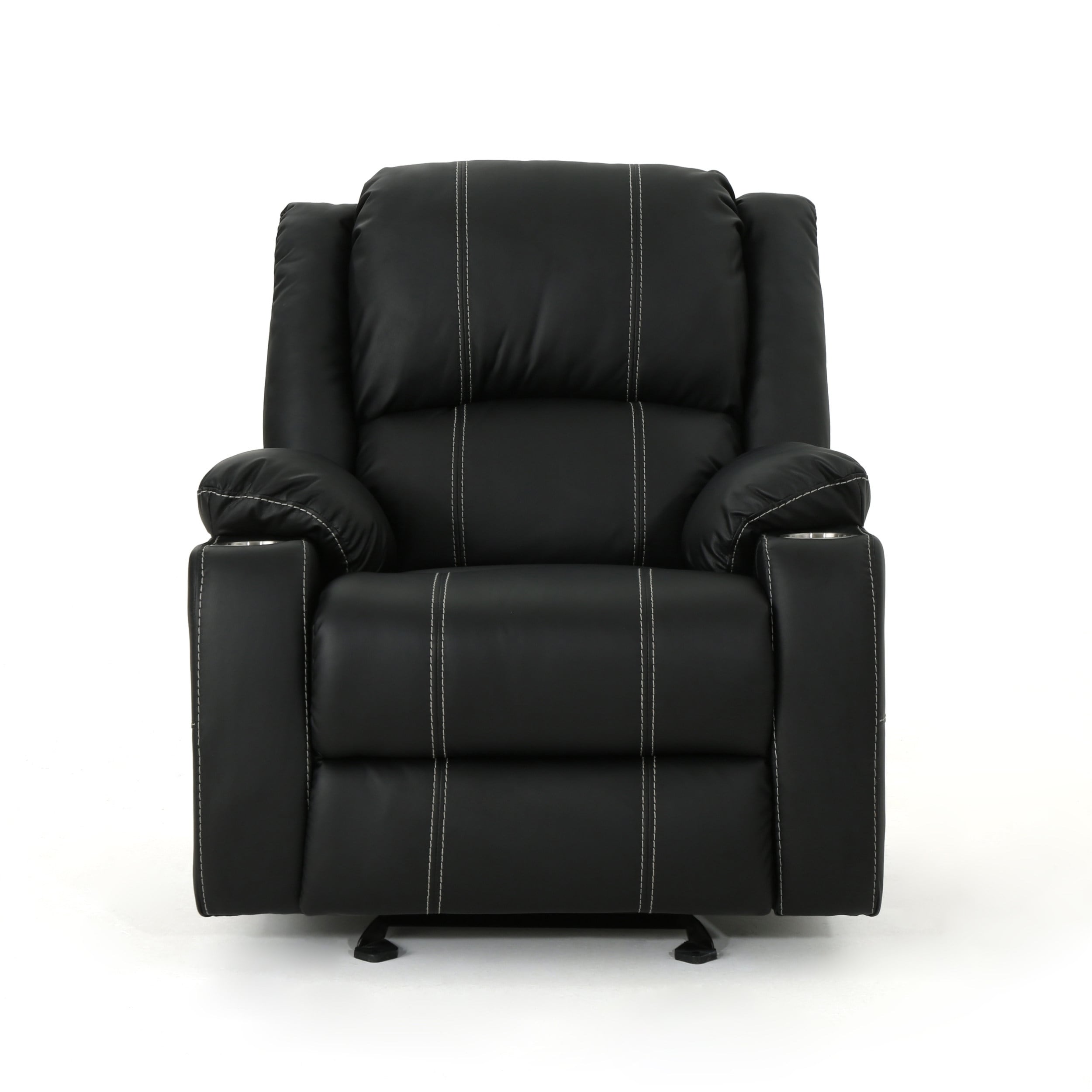 Fauteuil inclinable manuel contemporain noir avec porte-gobelets en acier, cuir synthétique moelleux et inclinaison réglable