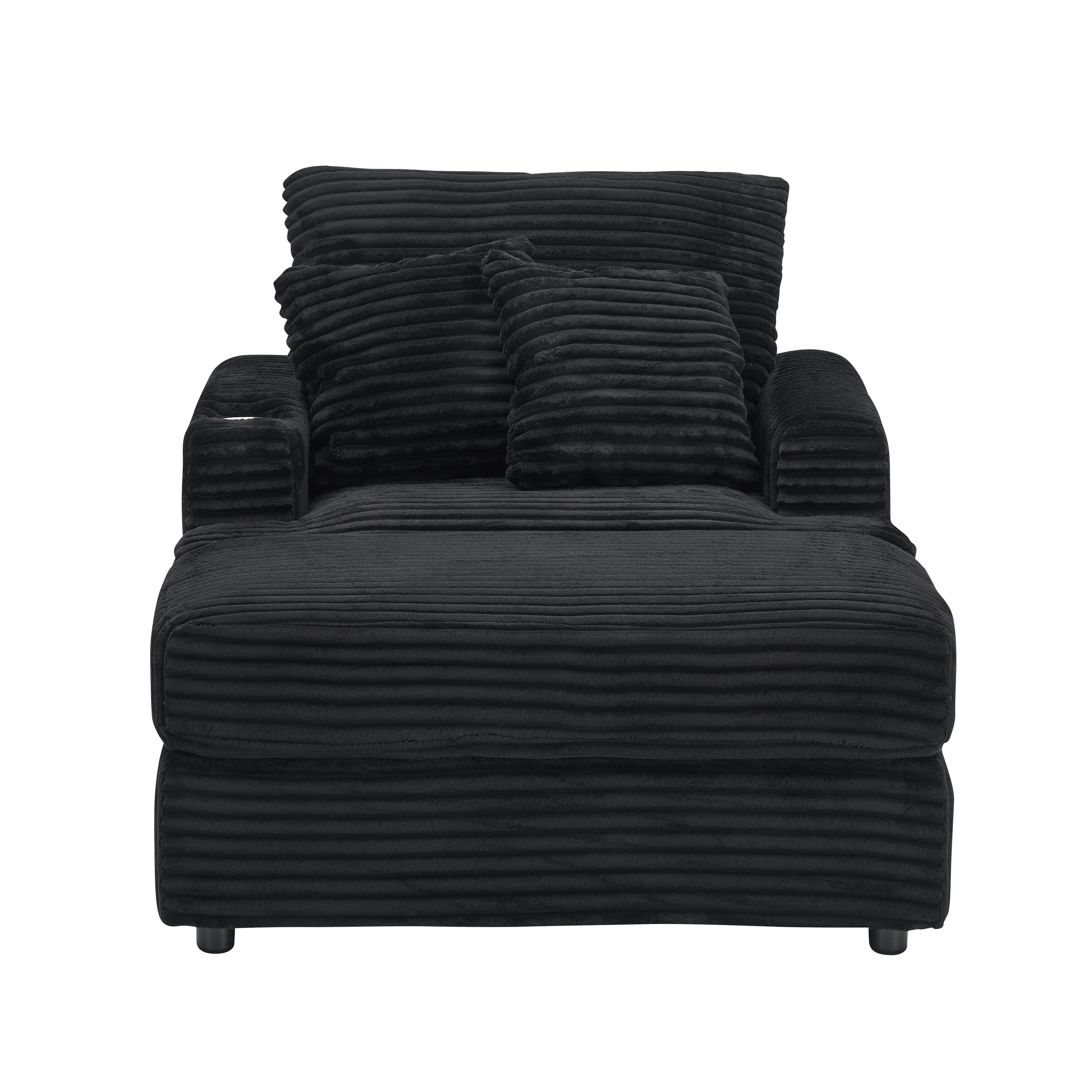 Fauteuil-canapé en velours côtelé noir avec pouf et porte-gobelet