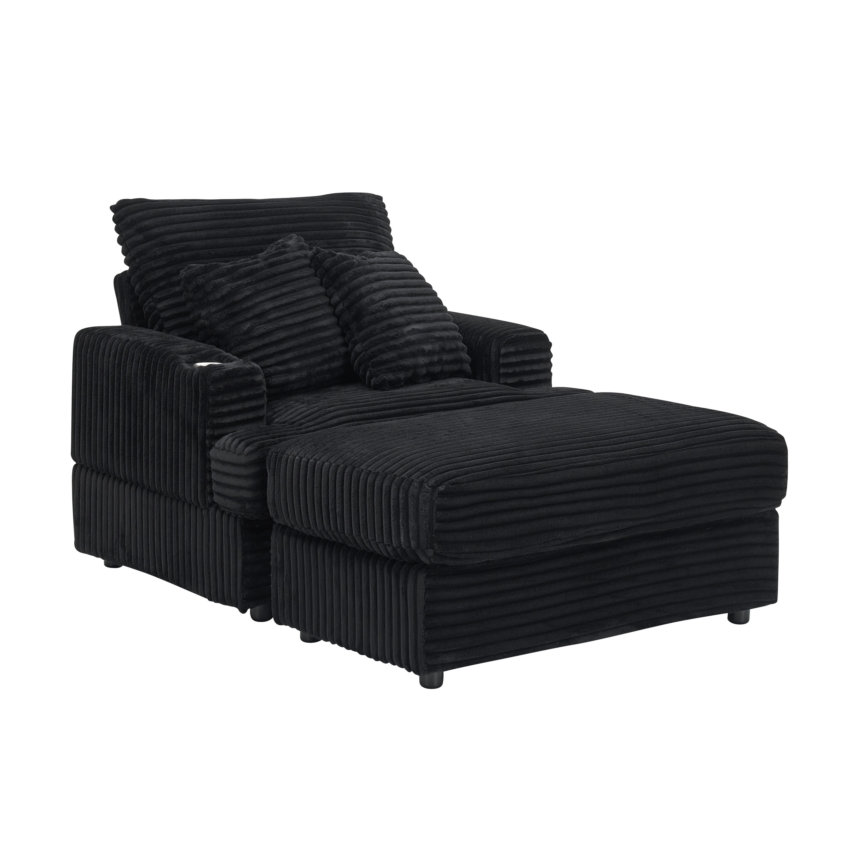 Fauteuil-canapé en velours côtelé noir avec pouf et porte-gobelet
