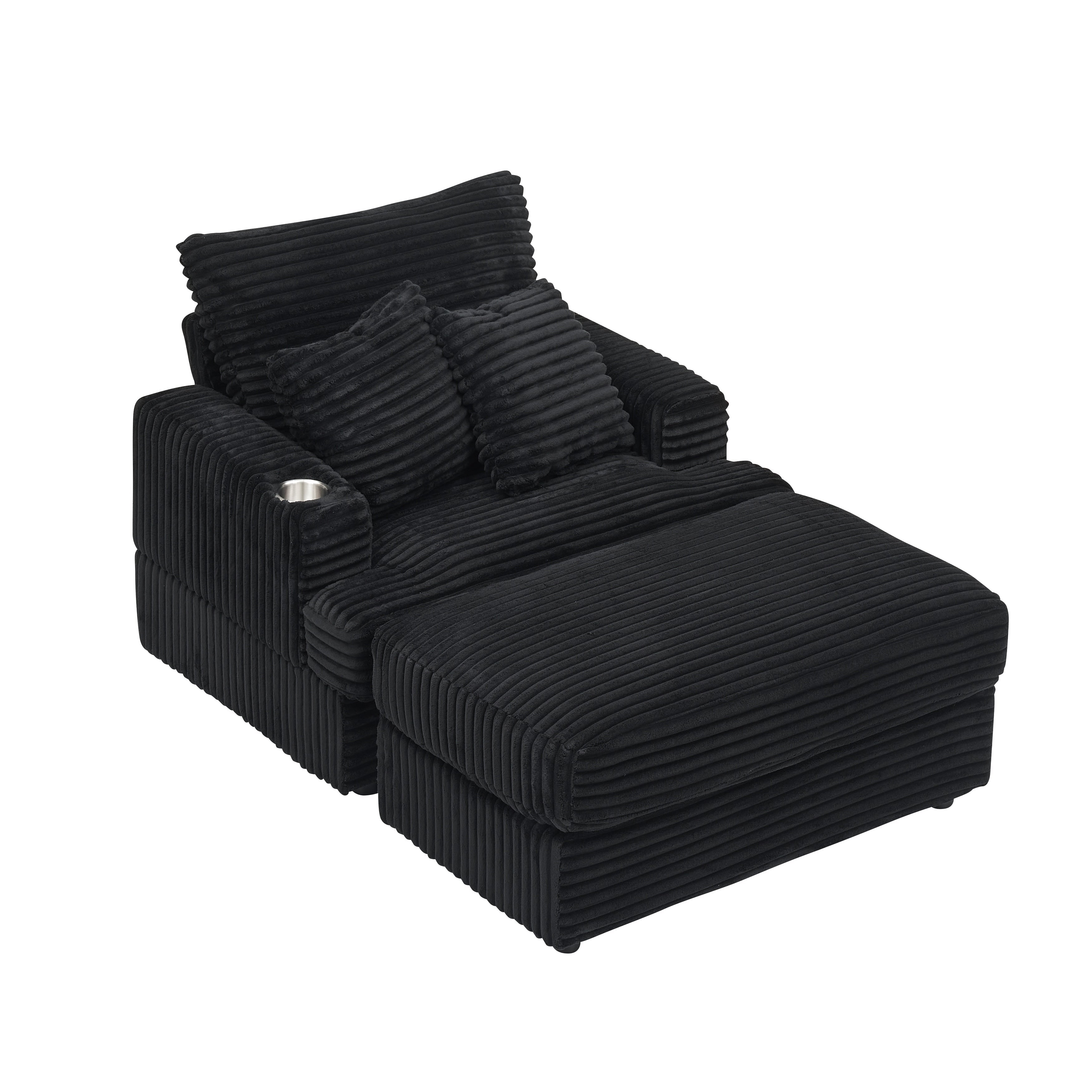 Fauteuil-canapé en velours côtelé noir avec pouf et porte-gobelet