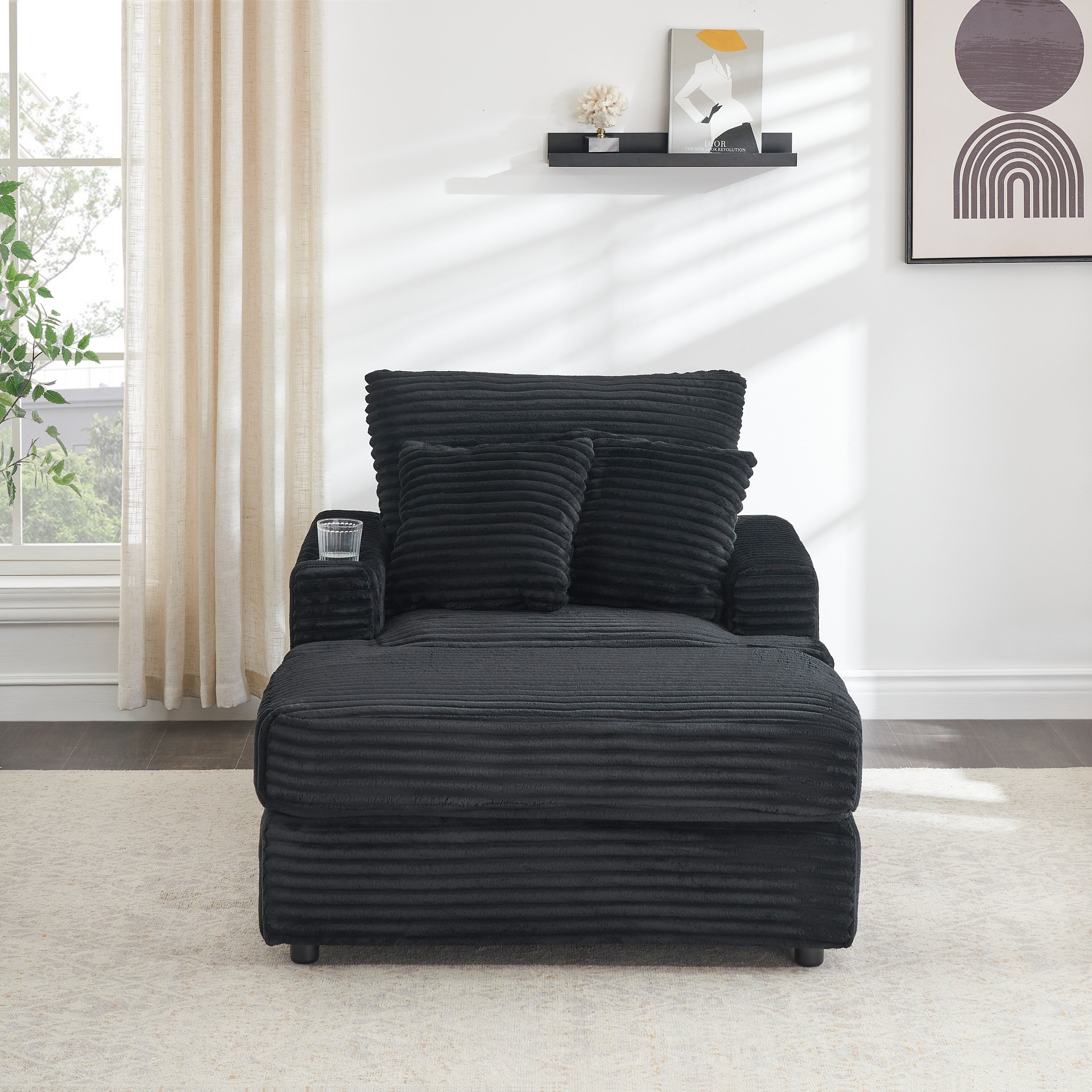 Fauteuil-canapé en velours côtelé noir avec pouf et porte-gobelet