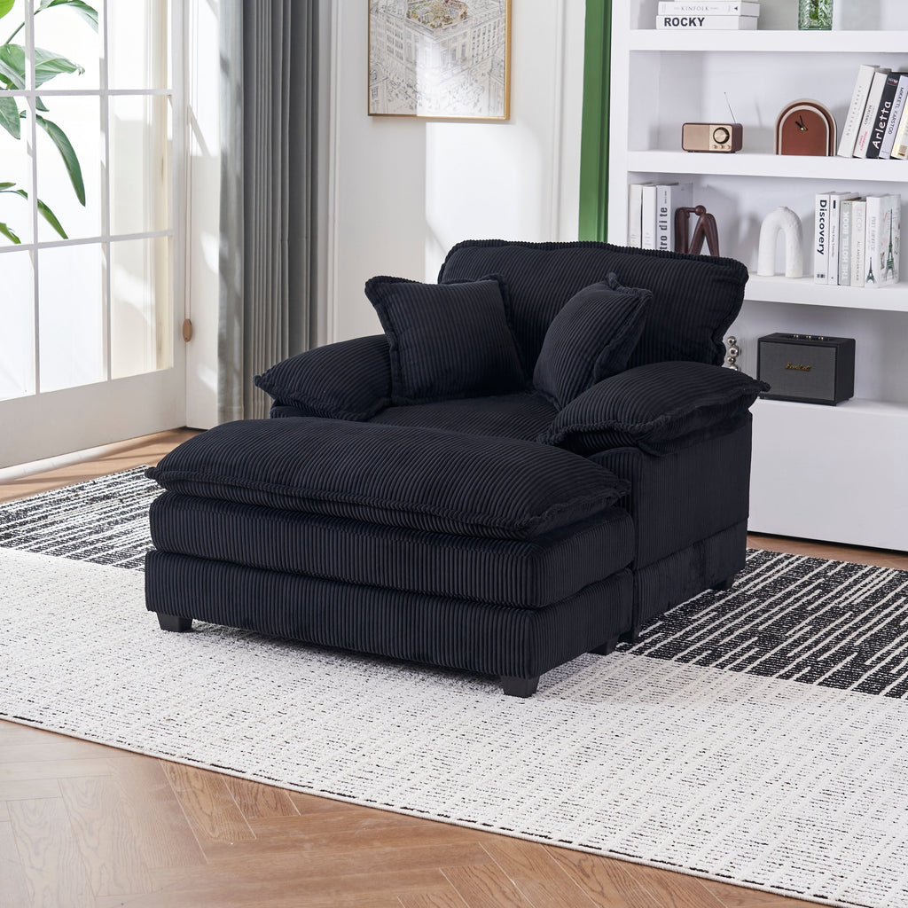 Canapé simple profond en velours côtelé noir avec pouf