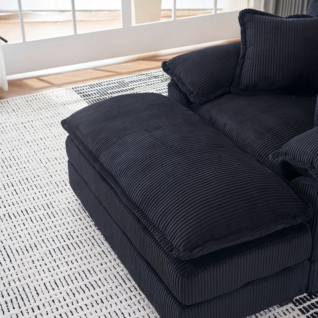 Canapé simple profond en velours côtelé noir avec pouf