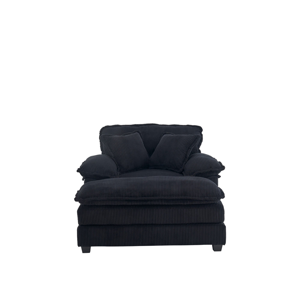 Canapé simple profond en velours côtelé noir avec pouf