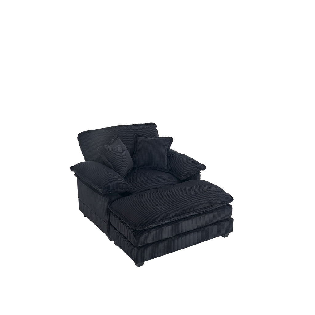 Canapé simple profond en velours côtelé noir avec pouf