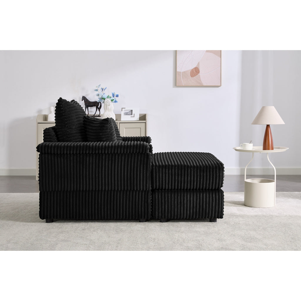 Canapé simple en velours côtelé noir avec pouf et accoudoir de rangement