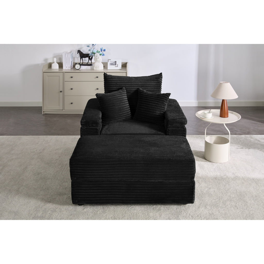 Canapé simple en velours côtelé noir avec pouf et accoudoir de rangement