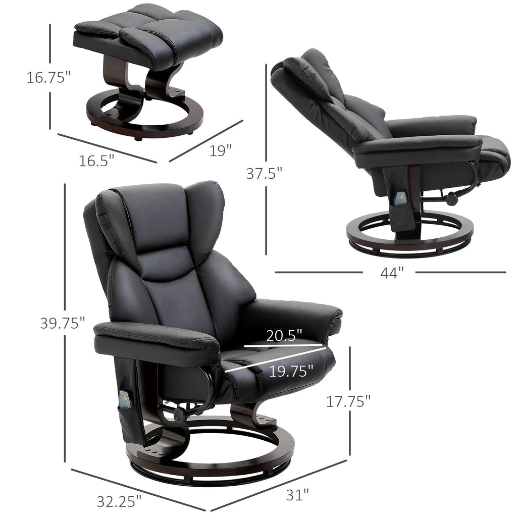 Fauteuil inclinable manuel pivotant à 360° en similicuir noir avec repose-pieds, 10 points de massage par vibration et poche latérale