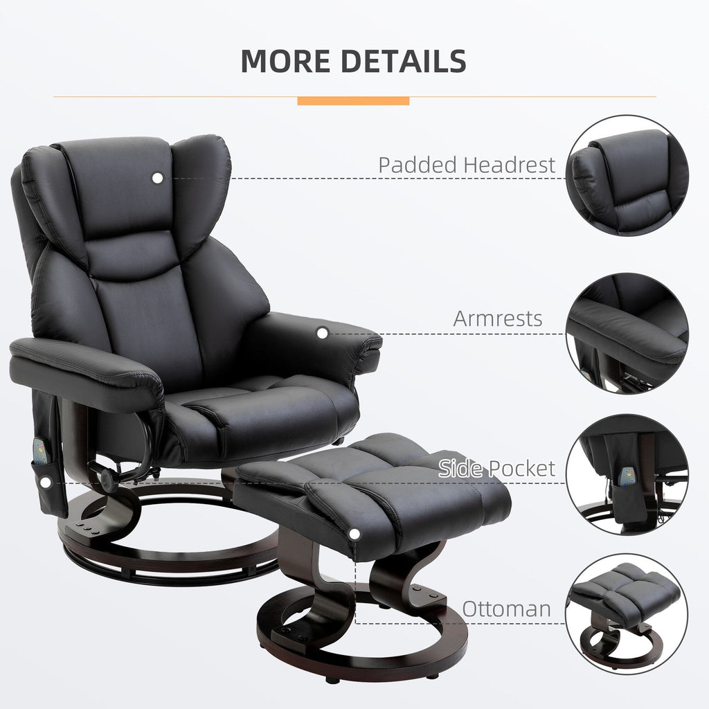 Fauteuil inclinable manuel pivotant à 360° en similicuir noir avec repose-pieds, 10 points de massage par vibration et poche latérale