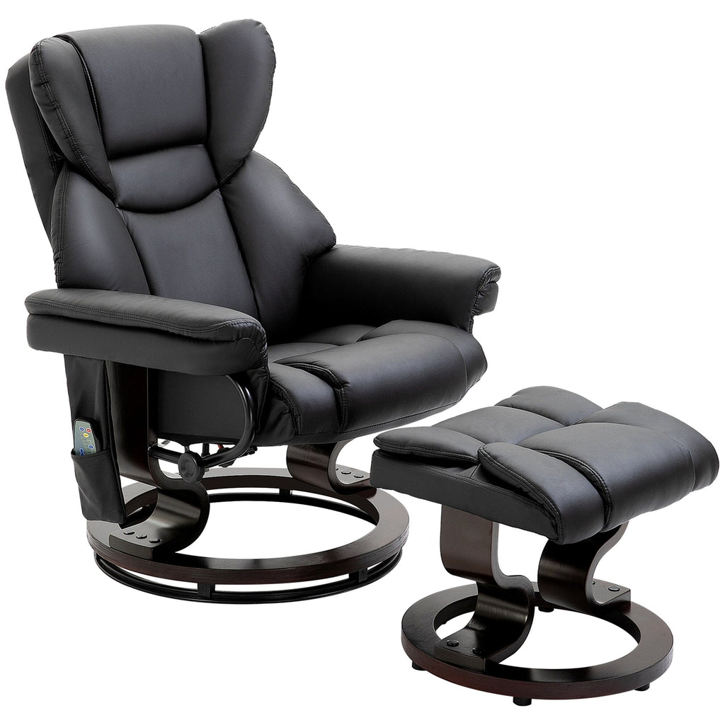 Fauteuil inclinable manuel pivotant à 360° en similicuir noir avec repose-pieds, 10 points de massage par vibration et poche latérale