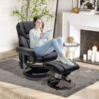 Fauteuil inclinable manuel pivotant à 360° en similicuir noir avec repose-pieds, 10 points de massage par vibration et poche latérale