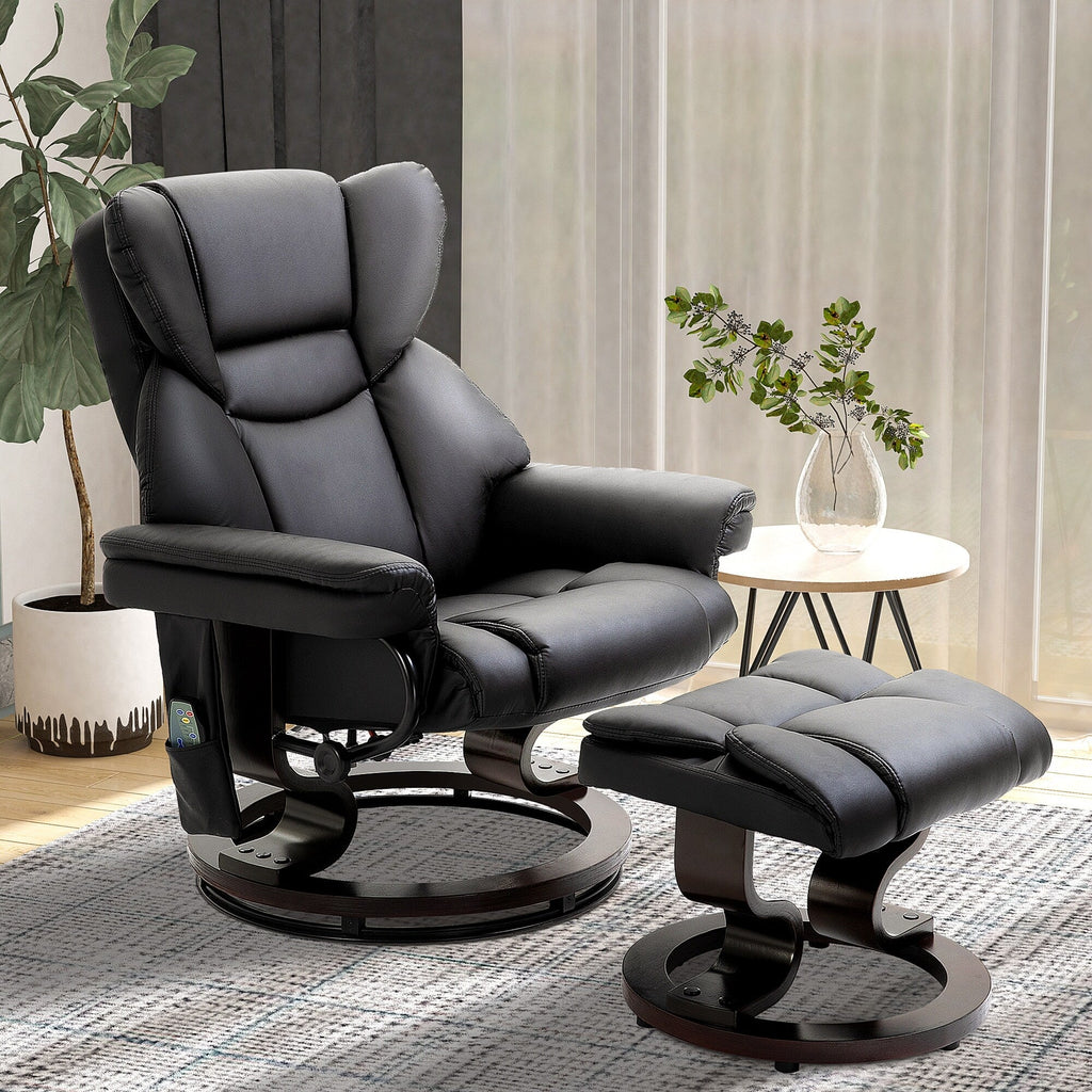 Fauteuil inclinable manuel pivotant à 360° en similicuir noir avec repose-pieds, 10 points de massage par vibration et poche latérale