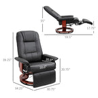 Fauteuil inclinable en similicuir noir, fauteuil de salon pivotant manuel avec repose-pieds réglable, accoudoir et base en bois enveloppée