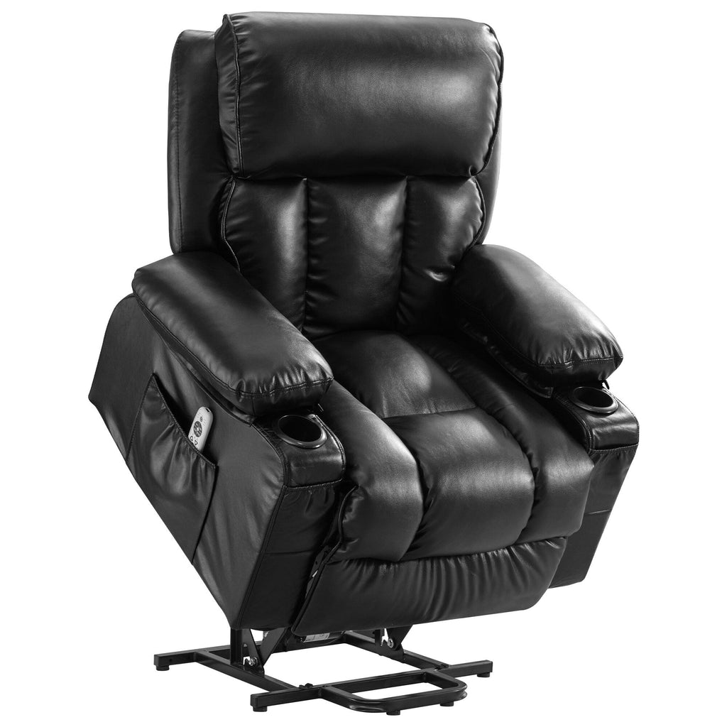 Fauteuil de massage releveur électrique noir de grande taille pour personnes âgées, avec fonctions de chauffage et de vibration, cuir synthétique, port USB, réglable