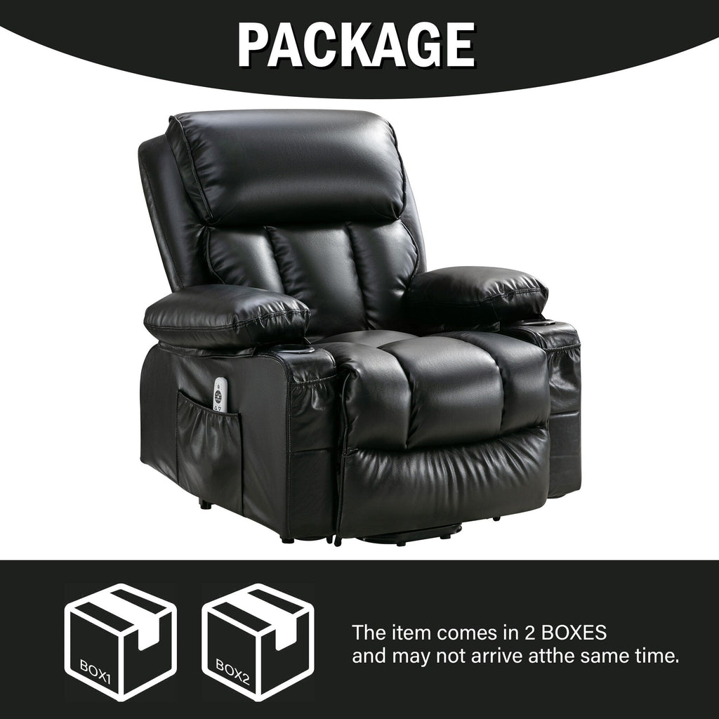 Fauteuil de massage releveur électrique noir de grande taille pour personnes âgées, avec fonctions de chauffage et de vibration, cuir synthétique, port USB, réglable