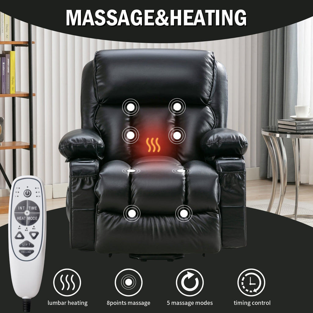 Fauteuil de massage électrique noir de grande taille pour personnes âgées, chauffant et vibrant, en cuir synthétique, avec port USB et réglages réglables.