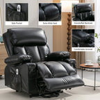Fauteuil de massage électrique noir de grande taille pour personnes âgées, chauffant et vibrant, en cuir synthétique, avec port USB et réglages réglables.