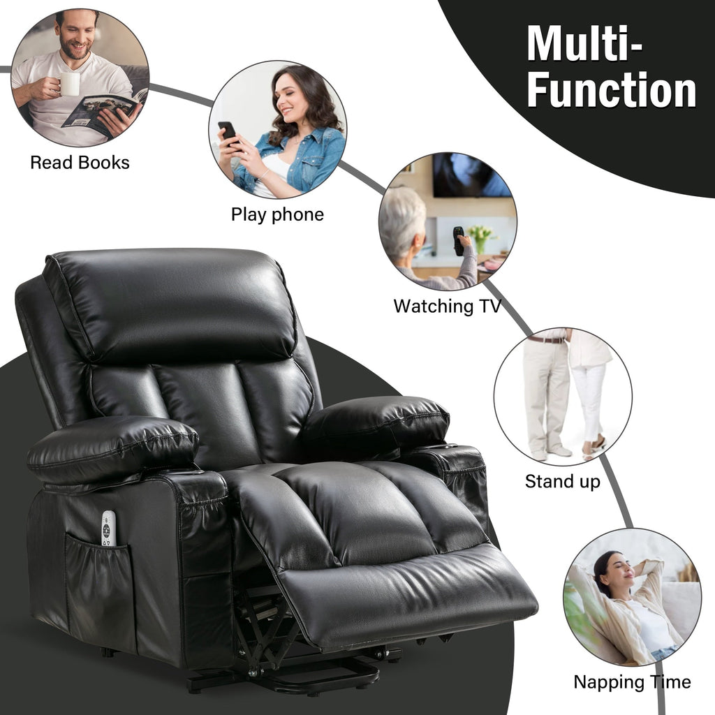Fauteuil de massage électrique noir de grande taille pour personnes âgées, chauffant et vibrant, en cuir synthétique, avec port USB et réglages réglables.