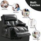 Fauteuil de massage électrique noir de grande taille pour personnes âgées, chauffant et vibrant, en cuir synthétique, avec port USB et réglages réglables.