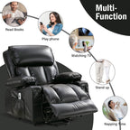 Fauteuil de massage électrique noir de grande taille pour personnes âgées, chauffant, vibrant, revêtement en similicuir, port USB, réglages réglables