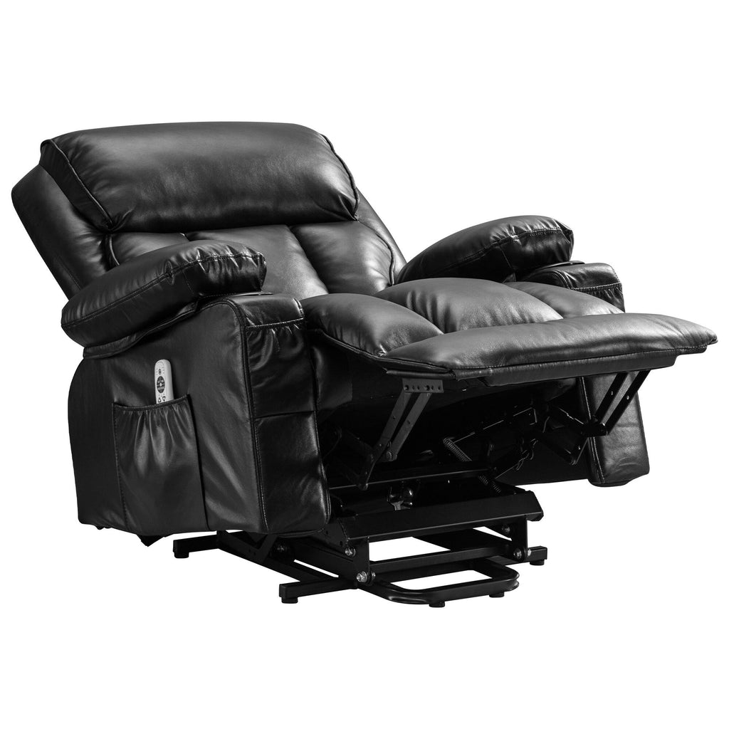 Fauteuil de massage électrique noir de grande taille avec chauffage et vibrations, revêtement en cuir synthétique, port USB et fonctions réglables
