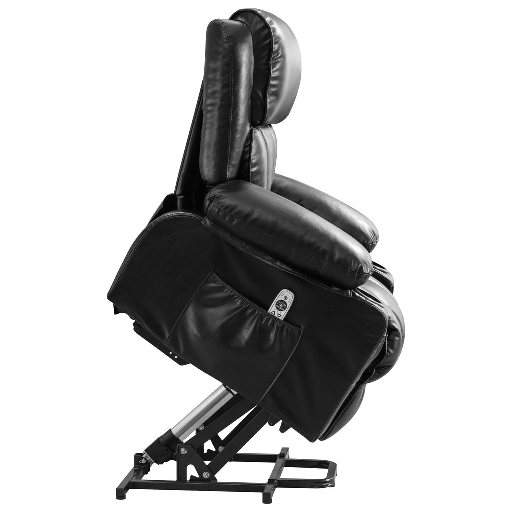 Fauteuil de massage électrique noir de grande taille avec chauffage et vibrations, revêtement en cuir synthétique, port USB et fonctions réglables