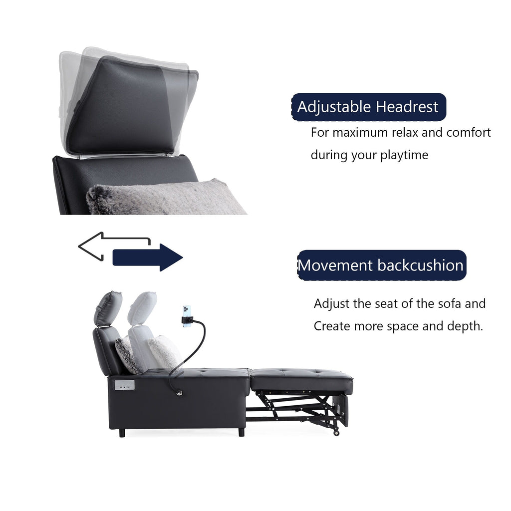 Canapé-lit en cuir noir avec haut-parleur Bluetooth et ports USB