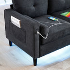 Canapé 3 places en lin noir avec lumières LED et ports USB