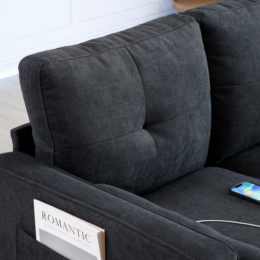 Canapé 3 places en lin noir avec lumières LED et ports USB