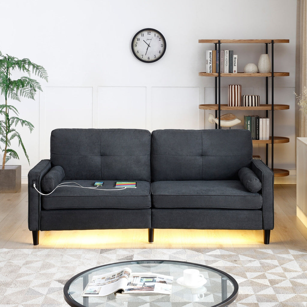 Canapé 3 places en lin noir avec lumières LED et ports USB