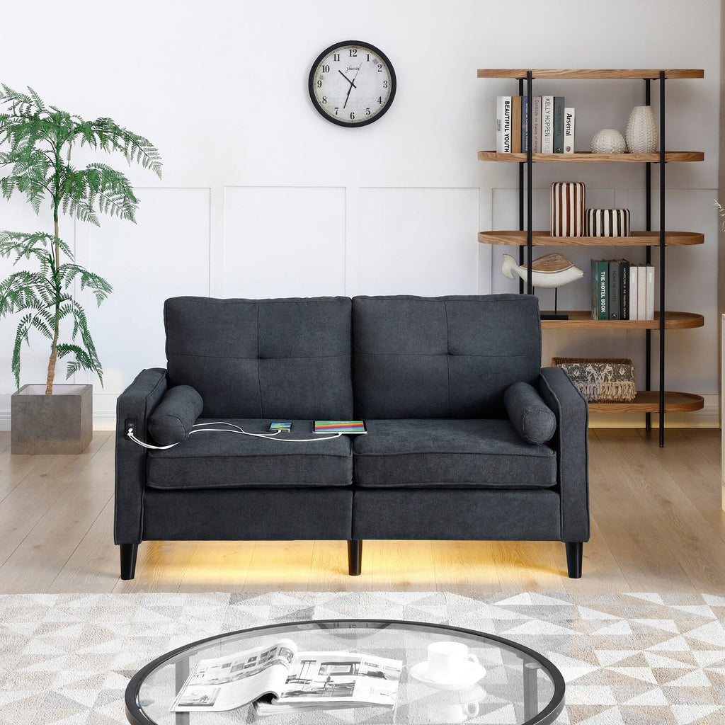 Canapé causeuse en lin noir avec lumières LED et ports USB