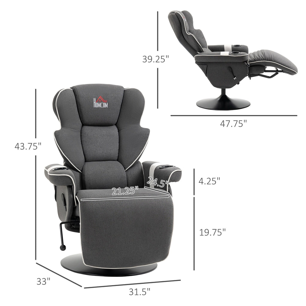 Fauteuil inclinable manuel pivotant en lin noir avec repose-pieds et deux porte-gobelets pour salon